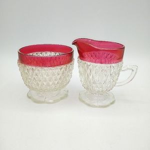 Indiana Glass Ruby Flash Diamond Point Pressed Glass Creamer Sugar Bowl Vintage